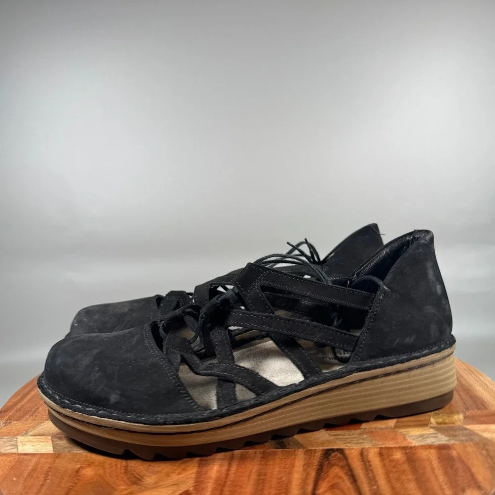 Naot Kirei Black Nubuck Lace Up Strappy Wedge Shoes Womens 40 EU 9 US Israel
